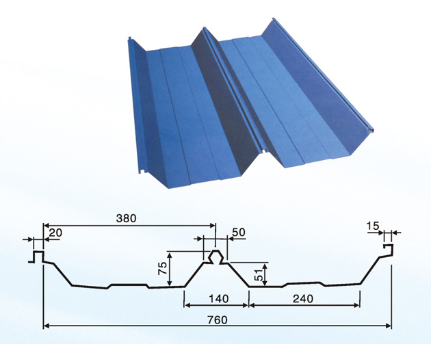 　　該板型是國際最流行的屋面用板，特點為扣式加咬邊自鎖聯(lián)接件全部隱藏安裝，整個屋面無一螺釘外露。安裝快捷方便，有很好的截面特性，壽命比普通壓型鋼板提高2倍以上，絕無滲漏，適用于所有屋面，是近幾年來主要的換代產(chǎn)品。配上起拱成型機，可生產(chǎn)帶骨架式拱型屋面體系。